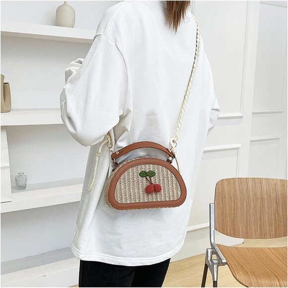 Versatile Cherry Straw Handbag with Removable Strap - Perfect for Summer Outings - Picture 2 of 6